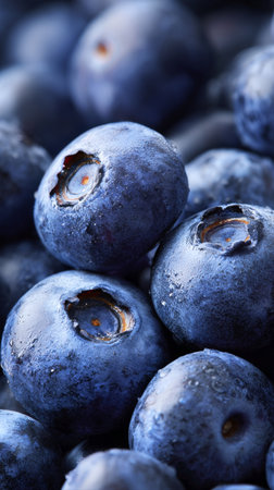 Blueberries with deep blue hues are piled together, displaying moisture droplets and slight imperfections, highlighting their freshness and quality in a market setting.の素材