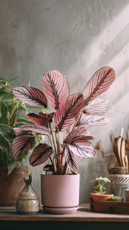 A vibrant houseplant with striped leaves is showcased in a warm, inviting space filled with natural light. Nearby, various other plants add to the serene atmosphere.の素材