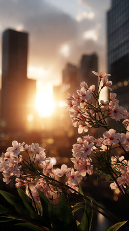 Golden sunlight illuminates tall skyscrapers while cherry blossoms frame the view. The vibrant colors of sunset create a picturesque urban landscape in spring.の素材