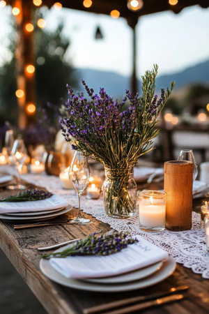 A beautifully arranged outdoor dinner table features lavender bouquets and candles. Soft lighting creates a warm atmosphere as twilight settles over the scenic landscape.の素材