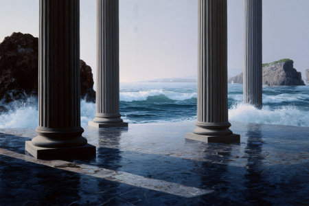 Ancient columns stand against vibrant waves at dawn, creating a surreal coastal landscape. The mixture of architecture and nature showcases a tranquil yet dynamic atmosphere.の素材