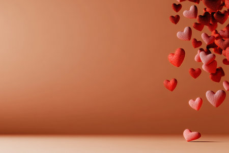 Colorful heart shapes in various sizes cascade from the top, creating a playful atmosphere against a warm, neutral backdrop perfect for romantic occasions or cheerful events.の素材