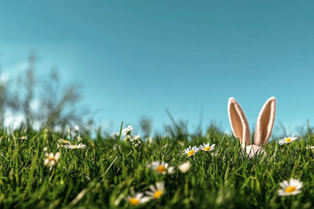 Rabbit ears emerge from vibrant green grass dotted with white wildflowers under a clear blue sky, creating a playful and serene atmosphere.の素材