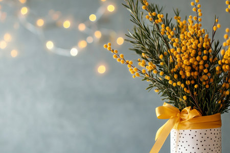 Bright yellow blooms accompanied by lush greenery fill a decorated vase, positioned against a softly lit background, creating a cheerful ambiance.の素材
