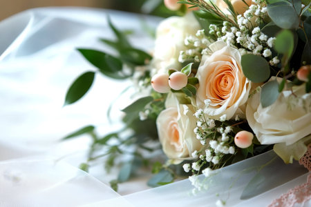 A stunning bouquet adorned with peach roses, white flowers, and lush greenery lies elegantly on a soft, lacy fabric, bringing romance and charm to the wedding atmosphere.の素材