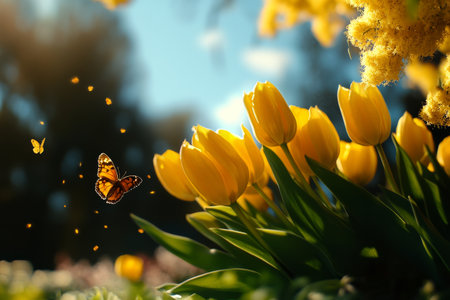 A monarch butterfly gracefully flits through a patch of bright yellow tulips, basking in the warm sunlight of a beautiful spring day in a garden setting.の素材