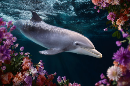 A dolphin gracefully swims through crystal clear waters, surrounded by colorful flowers blooming underwater, creating a tranquil and vibrant atmosphere.の素材