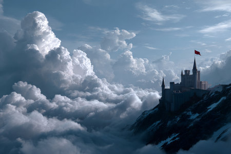A stunning white castle stands tall amidst fluffy clouds, surrounded by a blue sky at dawn. The scene exudes fantasy and tranquility in a dreamlike atmosphere.の素材