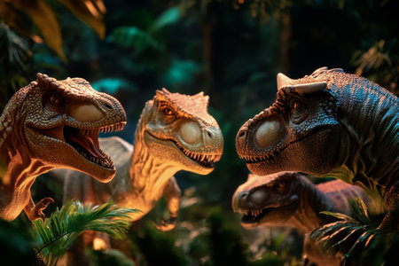 Three dinosaur models face off in a lush, dark jungle environment. Their colorful scales shimmer under the soft light, creating an atmosphere of tension and excitement.の素材