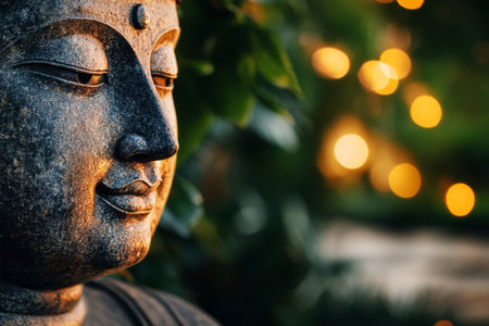 A detailed view of a Buddha statue with calm features, illuminated by soft warm lights. The background hints at lush greenery, creating a peaceful vibe during twilight.の素材