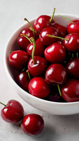 A bowl filled with bright red cherries sits on a smooth surface. Some cherries are scattered nearby, showing their vibrant color and natural sheen.の素材