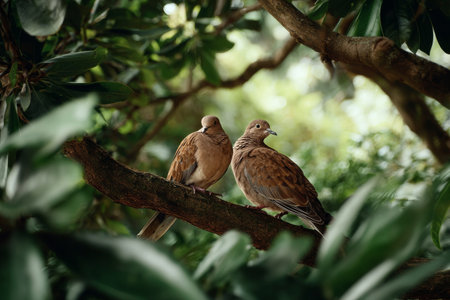 Two brown doves are resting on a tree branch amidst vibrant green leaves. The peaceful setting captures the beauty of nature during a calm day.の素材