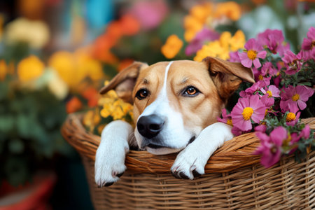 A dog relaxes comfortably in a woven basket surrounded by colorful flowers in a lively garden filled with blooming plants. Springtime offers a beautiful backdrop.の素材