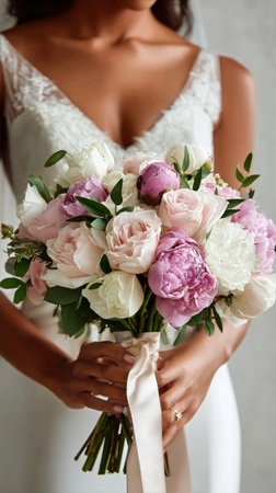 A bride in a beautiful white gown holds a lush bouquet filled with peonies and roses in shades of pink and white, perfect for a romantic wedding celebration.の素材