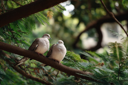 Two doves sit quietly on a sturdy branch surrounded by vibrant green leaves, enjoying a peaceful moment in a tranquil setting during daylight.の素材