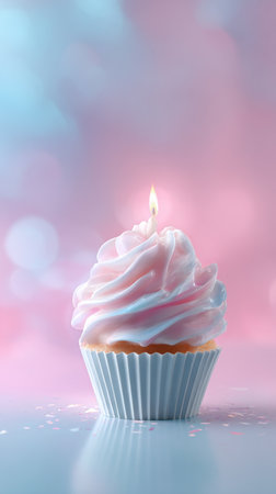 A single frosted cupcake with pink and white swirls sits on a glamping surface. A lit candle flickers atop it, surrounded by a soft, colorful background, creating a festive atmosphere.の素材