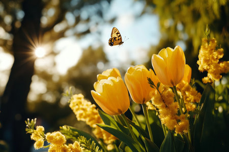A monarch butterfly gracefully flits through a patch of bright yellow tulips, basking in the warm sunlight of a beautiful spring day in a garden setting.の素材