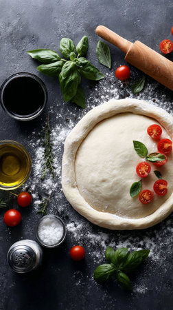 Dough is prepared with fresh basil, cherry tomatoes, olive oil, and seasonings on a kitchen counter ready for baking delicious pizza.の素材