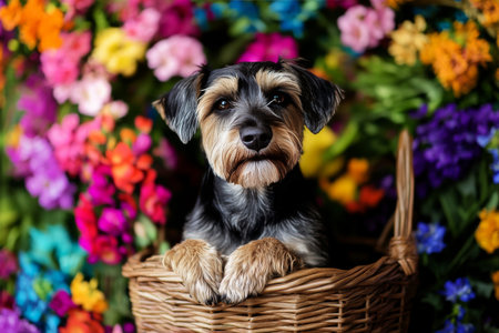 A joyful black dog sits in a woven basket, surrounded by vibrant flowers in various colors. The sunlight brightens its shining fur and lively expression, creating a cheerful atmosphere.の素材