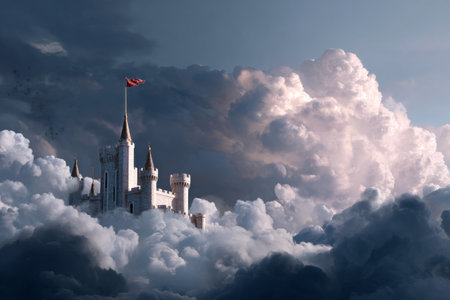 A stunning castle towers above soft, billowing clouds, bathed in warm light. The setting sun casts a magical glow, enhancing the enchanting scene of fantasy and adventure.の素材