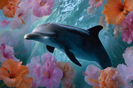 A dolphin gracefully swims through crystal clear waters, surrounded by colorful flowers blooming underwater, creating a tranquil and vibrant atmosphere.の素材