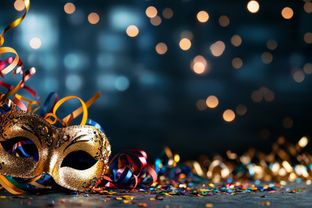 A sparkly mask rests on a surface scattered with colorful confetti. Glimmering lights create a festive atmosphere ideal for celebrations and parties during the holiday season.の素材