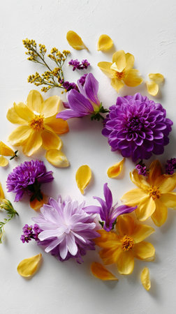 A bright collection of purple and yellow flowers is artistically arranged in a circular pattern. Petals scatter amidst the blooming flora, adding charm and color to the composition.の素材