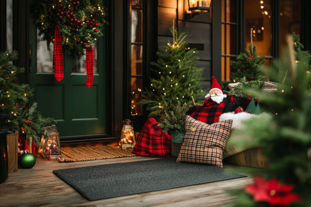 A cozy porch decorated with multiple Christmas trees, warm lights, and festive accents creating a joyful holiday atmosphere for celebration.の素材