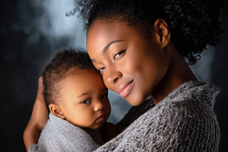 A mother gently cradles her sleeping child, both radiating warmth and affection. The serene expression on her face reflects the bond they share in this intimate moment.の素材
