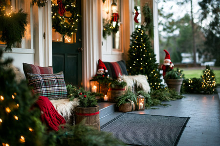 Decorative elements fill a charming porch with twinkling lights, plush pillows, and Christmas trees, creating a warm, inviting atmosphere for the holiday season.の素材