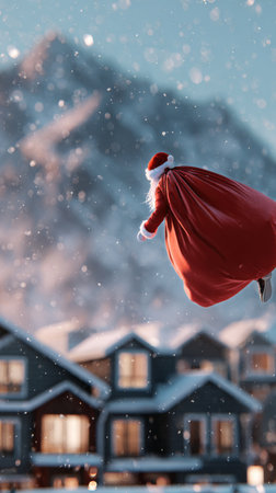 Santa in a red suit and cape is flying over charming houses in a snowy mountain village, surrounded by soft falling snowflakes, capturing the magic of Christmas.の素材