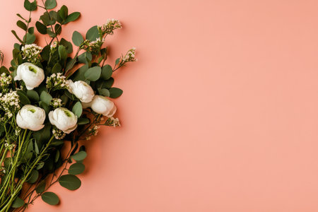 A beautiful arrangement of white ranunculus flowers and green eucalyptus branches sits on a soft pink background, perfect for special events or home decor.の素材