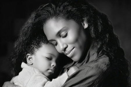 A mother gently cradles her sleeping child, both radiating warmth and affection. The serene expression on her face reflects the bond they share in this intimate moment.の素材