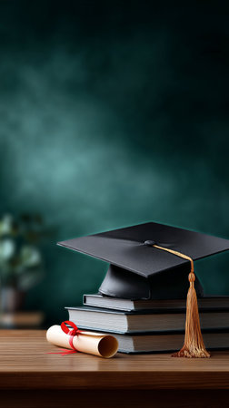 A black graduation cap with tassel is placed on top of stacked books alongside a rolled diploma on a wooden surface. A simple vase with greenery enhances the elegance.の素材