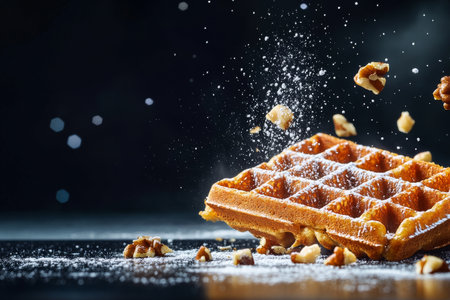 A freshly made waffle sits on a dark surface, sprinkled with powdered sugar and topped with crunchy nuts, exuding a warm and inviting breakfast ambiance.の素材