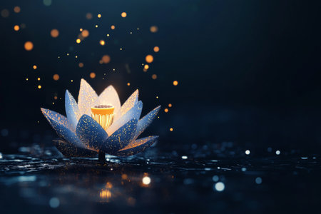 A beautiful lotus flower with glowing petals rests on a calm water surface. Soft light emanates from the center, creating a tranquil atmosphere in this dark setting.の素材