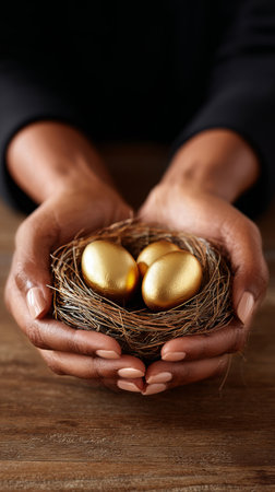 Two hands gently cradle a nest containing three golden eggs, highlighting themes of prosperity and potential. The nest rests on a rustic wooden surface, adding warmth to the scene.の素材