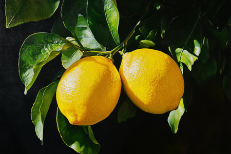Two ripe yellow lemons rest on vibrant green leaves, illuminated by warm sunlight. This arrangement showcases the freshness and natural beauty of citrus fruit.の素材