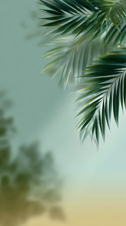 Bright green palm leaves fill the frame, creating a vibrant tropical atmosphere. The soft blurred background adds depth, suggesting a serene outdoor environment illuminated by daylight.の素材