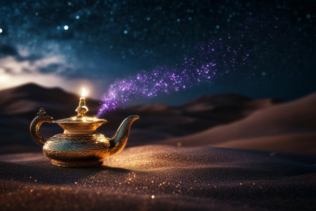 A golden lamp sits in a vast desert, surrounded by soft sand. At night, it releases shimmering purple smoke beneath a sky filled with stars, creating a sense of enchantment.の素材