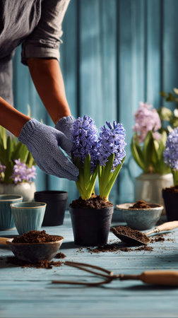 Hands in gardening gloves carefully place blue hyacinth flowers into a pot, surrounded by spring blooms and gardening tools on a wooden table.の素材