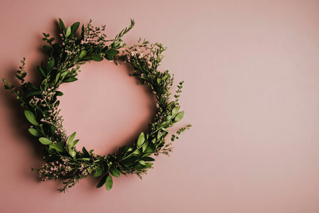 A beautifully crafted floral wreath made with fresh greenery and delicate flowers is displayed against a soft pink background, perfect for home decoration or festive occasions.の素材
