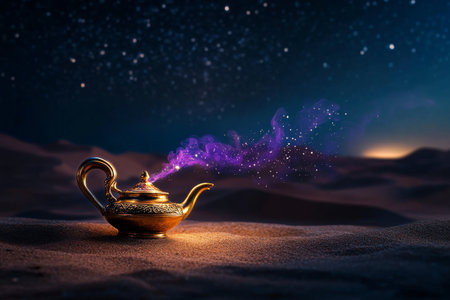 A golden lamp sits in a vast desert, surrounded by soft sand. At night, it releases shimmering purple smoke beneath a sky filled with stars, creating a sense of enchantment.の素材