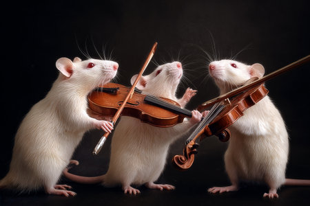 Three mice gather in a enchanting forest, each playing a violin under soft light. The atmosphere is whimsical, filled with fairy-like elements and a sense of wonder.の素材