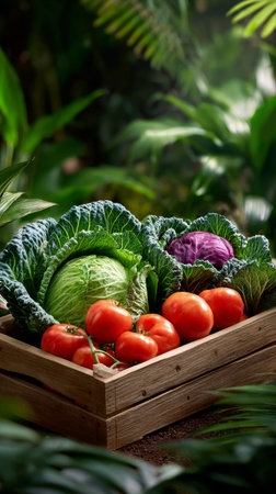 Bright red tomatoes and vibrant cabbages are arranged in a rustic wooden crate, surrounded by flourishing green plants and leaves, highlighting garden freshness.の素材