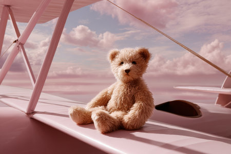 A plush teddy bear rests comfortably on the wing of a pink airplane, surrounded by a dreamy pastel sky filled with soft clouds as the golden hour approaches.の素材