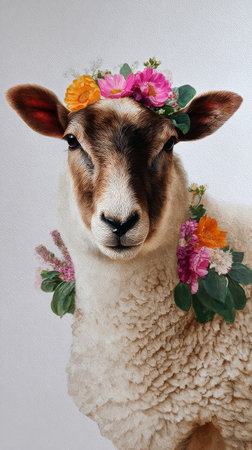 A charming sheep features a floral crown made of vibrant flowers, creating a delightful focal point. The sheep stands still, showing its soft wool and friendly expression.の素材