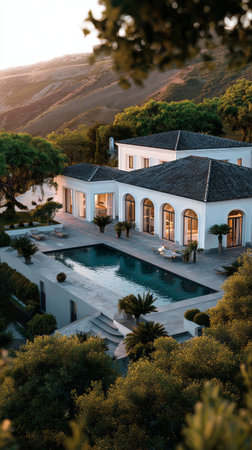 A spacious villa surrounded by lush trees sits beside a sleek swimming pool, basking in the warm glow of sunset, creating a serene atmosphere perfect for relaxation.の素材