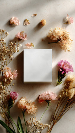 A thoughtful composition featuring dried flowers and a blank card placed on a soft surface, accentuated by gentle autumn light and scattered petals for an inviting atmosphere.の素材