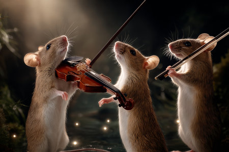 Three mice gather in a enchanting forest, each playing a violin under soft light. The atmosphere is whimsical, filled with fairy-like elements and a sense of wonder.の素材